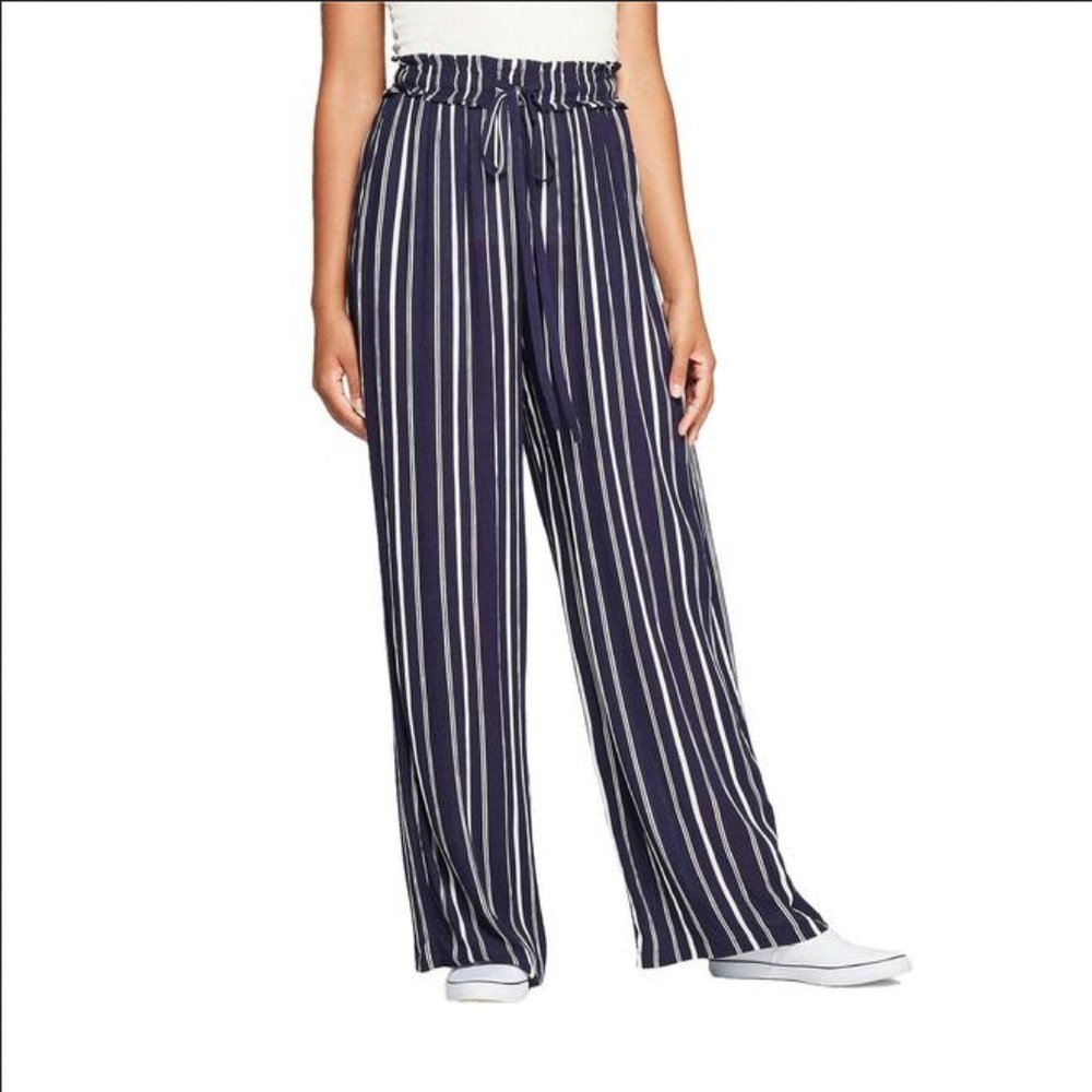 Striped Tie Front Paperbag Waist Palazzo Pants